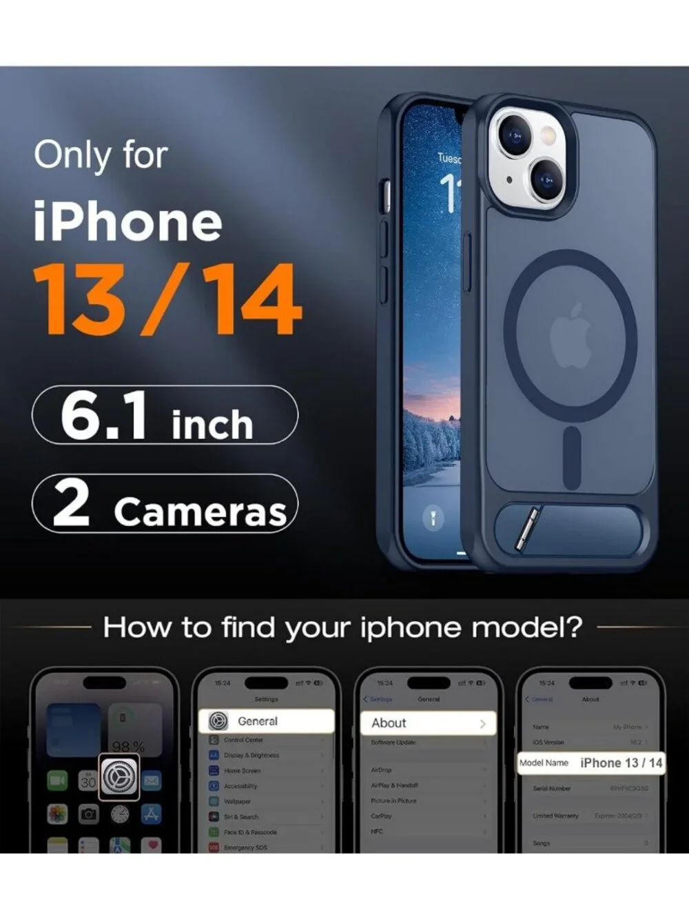 Magnetic Slim Matte Phone Case with Kickstand for iPhone 14/13 - Shockproof